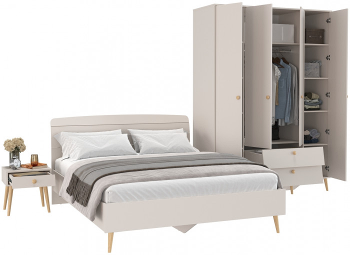 Афина Спальня Кровать 1600 + Шкаф 4-х дверный + Тумба, кашемир серый