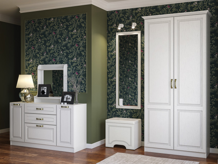 Ливерпуль Пуф 14.02 + Зеркало 03.242 + Шкаф для одежды + карниз 1000, ясень ваниль/белый