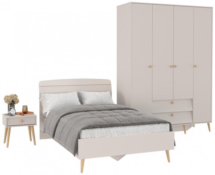 Афина Спальня Кровать 1200 + Шкаф 4-х дверный + Тумба, цвет кашемир серый, 123,6х210,2х95,7 + 160х56,3х220 + 45х37х45 см., 1200х2000, б/м, осн. есть