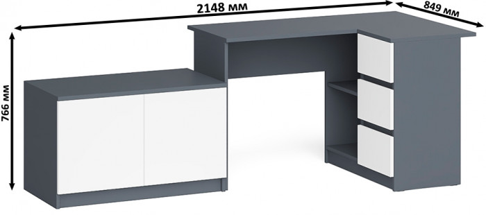 Мори Стол компьютерный МС-16 правый + Тумба МА900.1, цвет графит/белый, ШхГхВ 214,8х84,9х76,6 см., выдвижные ящики справа, НЕ универсальная сборка