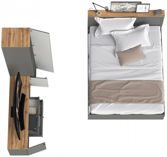 Остин 11.53 Кровать + ортопед + 13.225 Шкаф-пенал + 16.47 Тумба под ТВ, серый графит/дуб крафт золотой