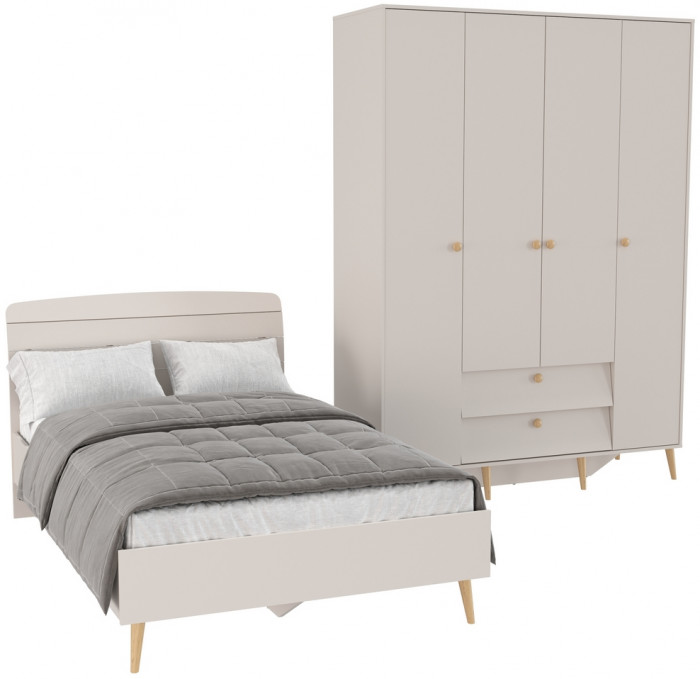 Афина Спальня Кровать 1200 + Шкаф 4-х дверный, цвет кашемир серый, ШхГхВ 123,6х210,2х95,7 + 160х56,3х220 см., сп.м. 1200х2000 мм., б/м, осн. есть