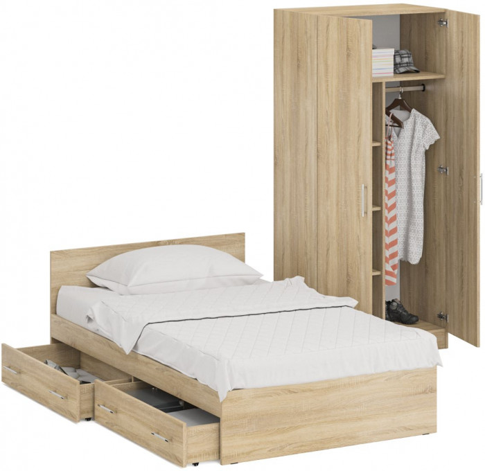 Кровать с ящиками 1200 + Шкаф 2-х створчатый Стандарт, дуб сонома