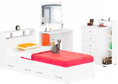 Камелия спальня № 14 Кровать с ящиками 900 + Стол косметический + Зеркало + Комод, цвет белый, сп.м. 900х2000 мм., б/м, основание есть