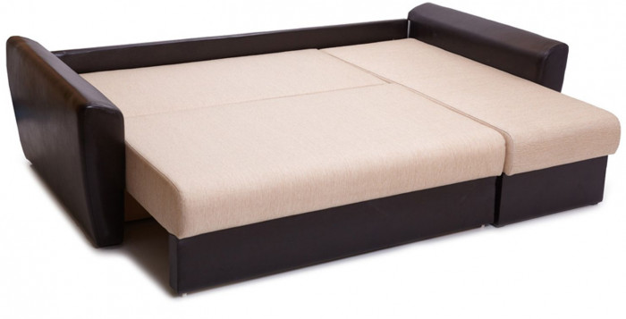 Диван-кровать угловой Амстердам, 150х200, еврокнижка, независимый пружинный блок, рогожка/экокожа, бежево-коричневый