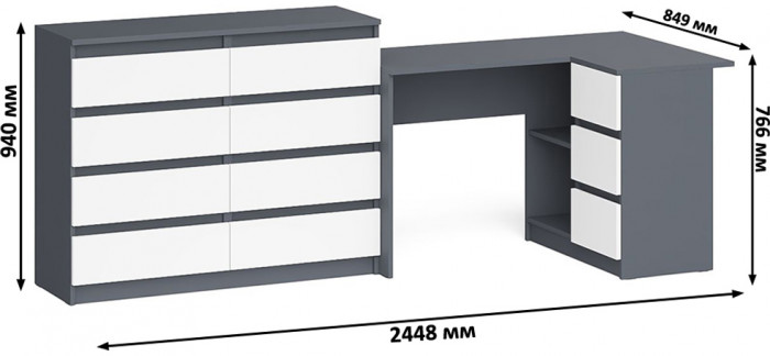Мори компьютерный стол МС-16 правый + Комод МК1200.8, графит/белый