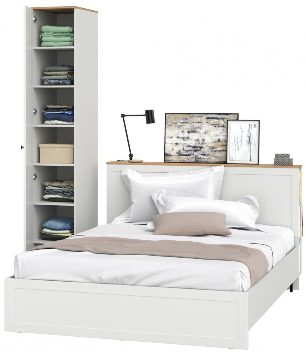 Остин 11.53 Кровать + ортопед + 13.225 Шкаф-пенал, белый шагрень/дуб крафт золотой