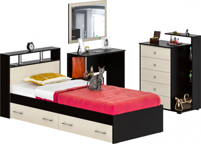 Камелия спальня № 14 Кровать с ящиками 900 + Стол косметический + Зеркало + Комод, цвет венге/дуб лоредо, сп.м. 900х2000 мм., б/м, основание есть