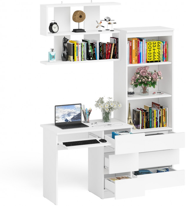 Мори компьютерный стол МС-6 правый + Стеллаж МСТ600.3 + Полка 900, белый