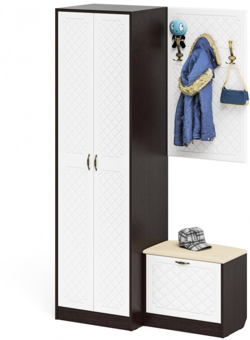 Прихожая П-6 Компоновка № 12, цвет венге/фасады МДФ белое дерево фрезеровка ромб, ШхГхВ 120х50х210 см., универсальная сборка