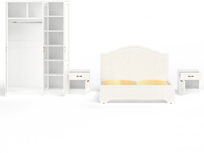 Ливерпуль Спальня № 1 Кровать 11.08ОСН + две Тумбы 08.146 + Шкаф 08.45Н + карниз, ясень ваниль/белый