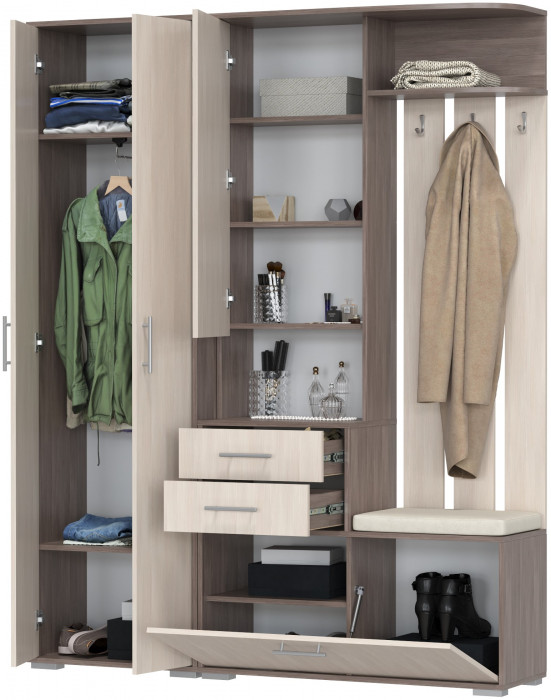 Прихожая 2-3430+2-3431бод.тем/св Домино - Комплект для прихожей, цвет бодега тёмный/бодега светлый, ШхГхВ 160х36х202 см., универсальная сборка