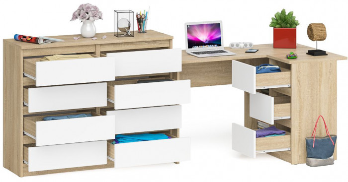 Мори компьютерный стол МС-16 правый + Комод МК1200.8, дуб сонома/белый