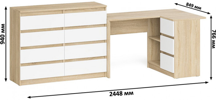 Мори компьютерный стол МС-16 правый + Комод МК1200.8, дуб сонома/белый