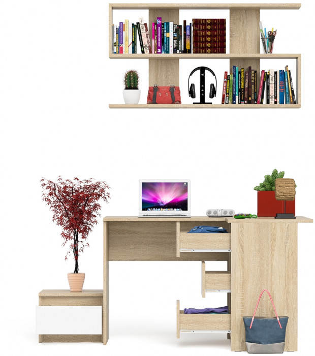Мори компьютерный стол МС-16 правый + Тумба ТМП400.1 + Полка 1200, дуб сонома/белый