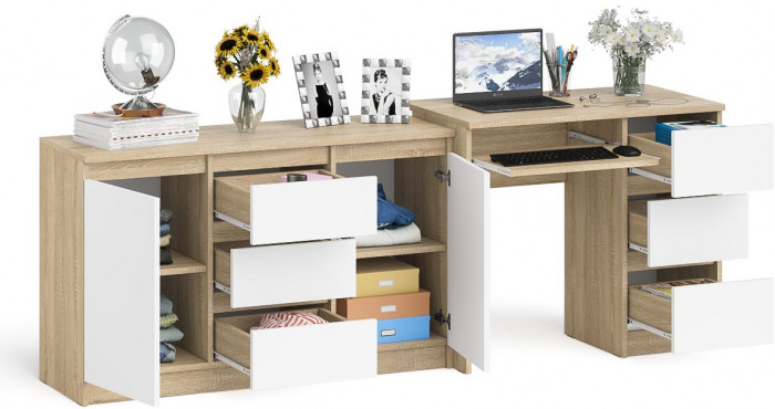 Мори компьютерный стол МС-6 правый + Комод МК1200.3, дуб сонома/белый