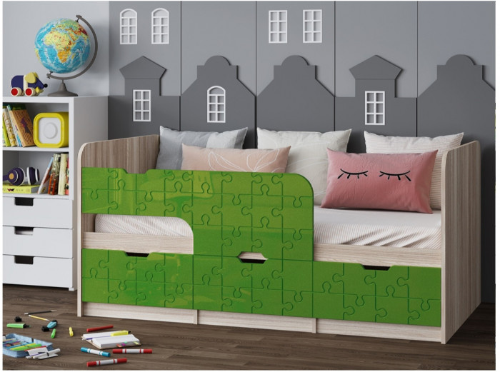 Детская кровать Юниор-9, 80х180 (Лайм глянец, Ясень шимо светлый)