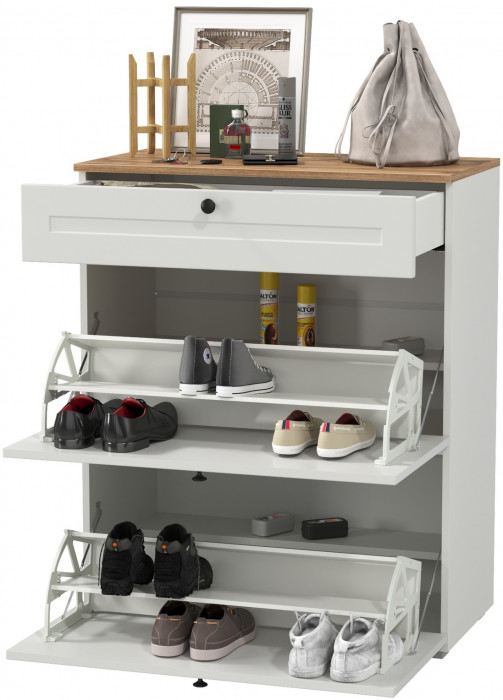 Остин 16.121 Тумба для обуви, белый шагрень/дуб крафт золотой