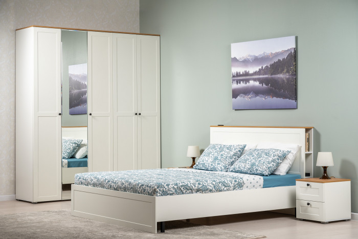 Остин 11.53 Кровать БЕЗ ортопеда, цвет белый шагрень/дуб крафт золотой, ШхГхВ 164,6х217,2х99,3 см., сп. м. 1600х2000 мм, б/м, б/о