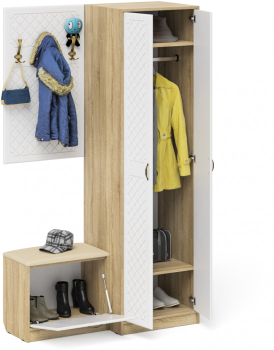 Прихожая П-6 Компоновка № 12, цвет дуб сонома/фасады МДФ белое дерево фрезеровка ромб, ШхГхВ 120х50х210 см., универсальная сборка