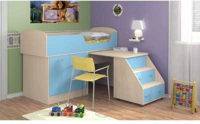 Детская кровать-чердак Дюймовочка-2, Дуб молочный / Голубой