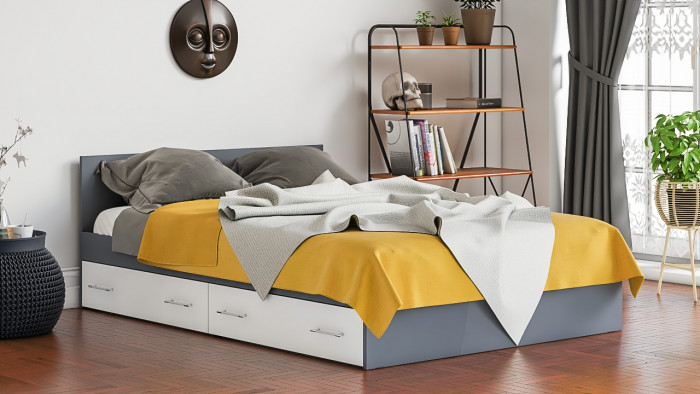 Мори Кровать с ящиками 1400, цвет графит/белый, ШхГхВ 143,5х203,5х70 см., сп.м. 1400х2000 мм., без матраса, основание есть