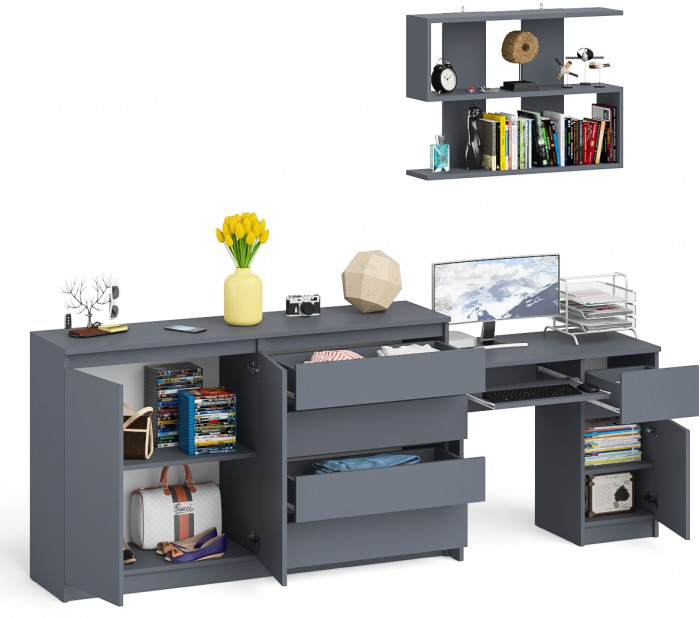 Мори компьютерный стол МС-1 правый + Комод МК1600.1 + Полка 900, графит