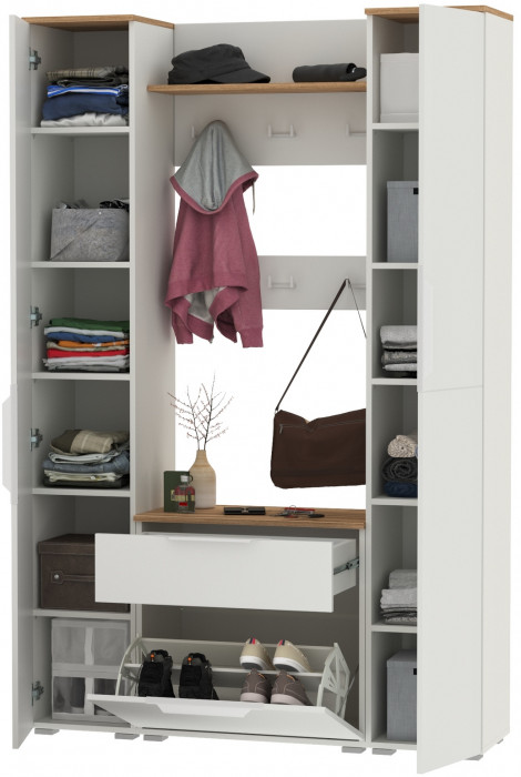 Октава Прихожая 20, цвет белый шагрень/дуб крафт золотой/фасады МДФ белый шагрень, ШхГхВ 129,3х35,4х197,6 см., универсальная сборка