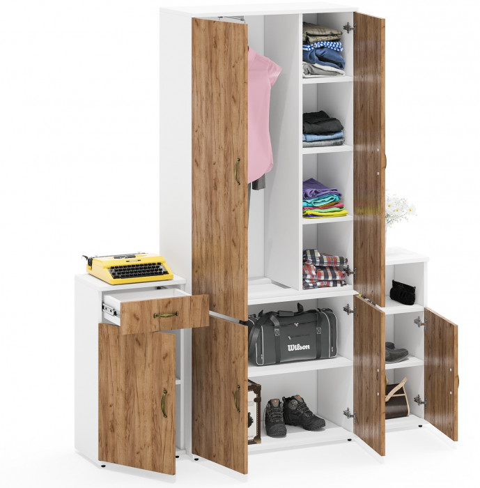 Лидер-8 Шкаф МД 20Б + Тумба МД 3.15 + Тумба МД 3.19, белый шагрень/крафт золото