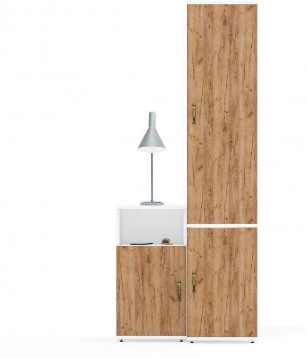 Лидер-8 Пенал МД 22Б + Тумба МД 3.19, цвет белый шагрень/крафт золото, ШхГхВ 80х37,5х190 см., универсальная сборка