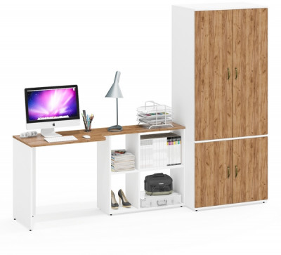 Лидер-8 Стол + Шкаф МД 19Б, цвет белый шагрень/крафт золото, ШхГхВ 245х50х75/190 или 115х160/50х75/190 см., НЕ универсальная сборка