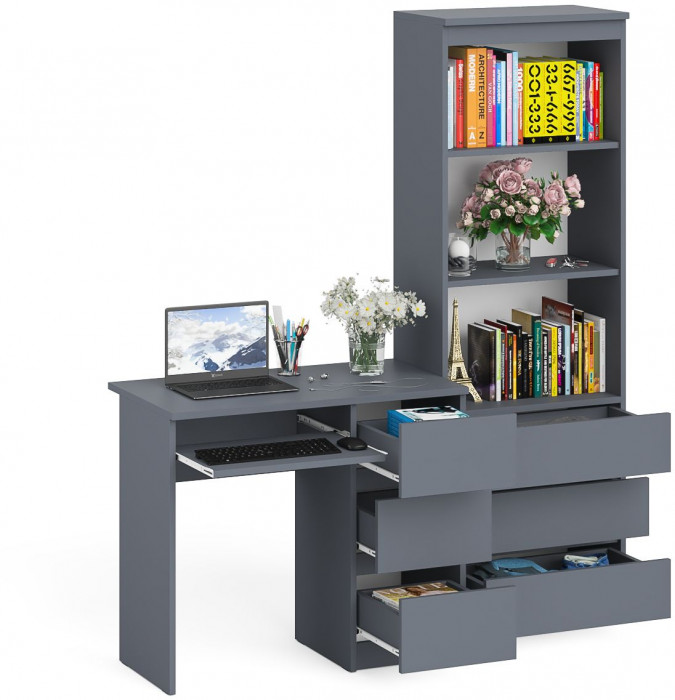 Мори компьютерный стол МС-6 правый + Стеллаж МСТ600.3, графит
