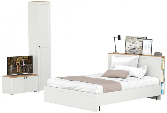 Остин 11.53 Кровать + ортопед + 13.227 Шкаф-пенал + 13.257 Тумба, белый шагрень/дуб крафт золотой