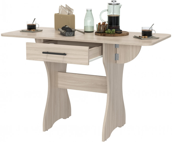 Стол обеденный раскладной с ящиком 6-02.120ТМяс.св, цвет ясень шимо светлый, ШхГхВ 120х57х75 см., 60х57х75 см. сложенный