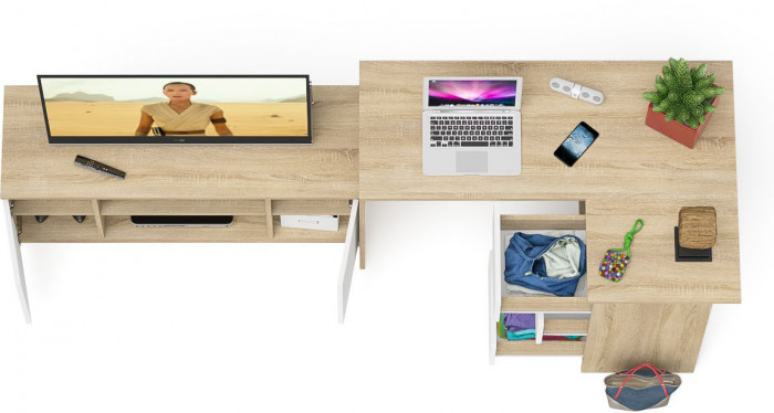 Мори Стол компьютерный МС-16 правый + Тумба МТВ1200.1, цвет дуб сонома/белый, ШхГхВ 244,8х84,9х76,6 см., выдвижные ящики справа, НЕ универс. сборка