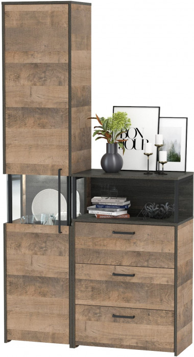 Трувор 13.205 Шкаф-пенал с витриной + 13.307.02 Комод с ящиками, дуб гранж песочный/интра