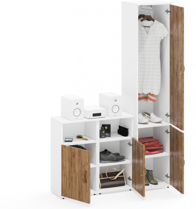 Лидер-8 Пенал МД 21Б + Тумба МД 3.19 + Тумба МД 3.19, цвет белый шагрень/крафт золото, ШхГхВ 120х37,5х190 см., универсальная сборка