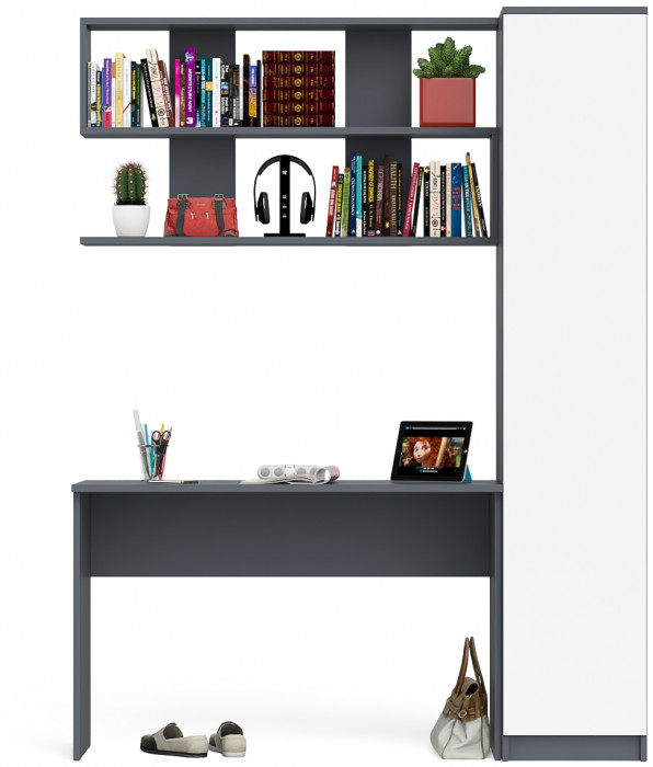 Мори Стол письменный МСП1200.1 + Пенал МШ400.1 + Полка 1200, цвет графит/белый, ШхГхВ 160,8х50,4х209,6 см., универсальная сборка