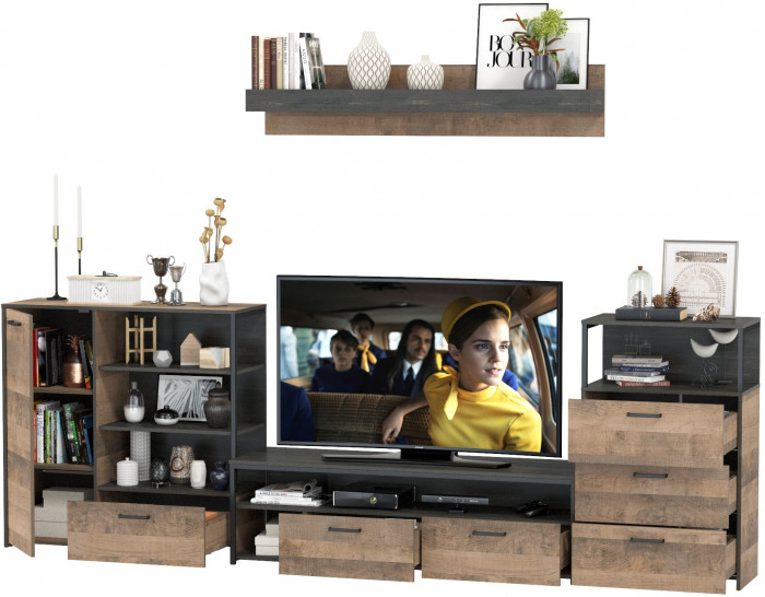 Трувор Гостиная 012, цвет дуб гранж песочный/интра, ШхГхВ 324,8х45,4х195 см., универсальная сборка