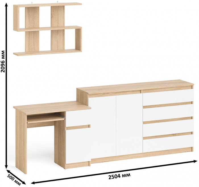 Мори компьютерный стол МС-1 правый + Комод МК1600.1 + Полка 900, дуб сонома/белый