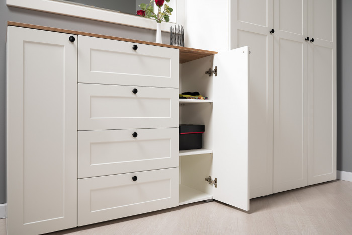 Остин 16.221 Комод + 15.12 Вешалка, белый шагрень/дуб крафт золотой