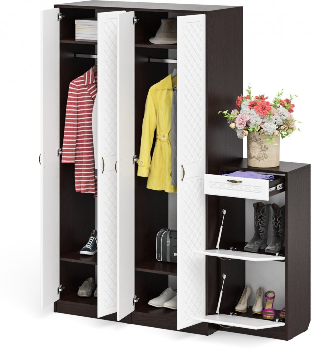 Прихожая П-6 Компоновка № 13, цвет венге/фасады МДФ белое дерево фрезеровка ромб, ШхГхВ 170х50х210 см., универсальная сборка