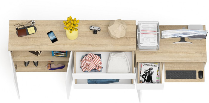 Мори компьютерный стол МС-1 левый + Комод МК1600.1, дуб сонома/белый