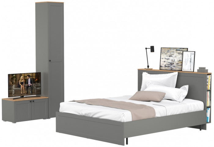 Остин 11.53 Кровать + ортопед + 13.227 Шкаф-пенал + 13.257 Тумба, серый графит/дуб крафт золотой