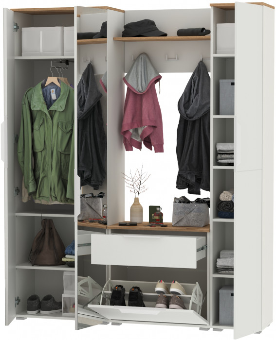 Октава Прихожая 22, цвет белый шагрень/дуб крафт золотой/фасады МДФ белый шагрень, ШхГхВ 161,5х35,4х197,6 см., универсальная сборка