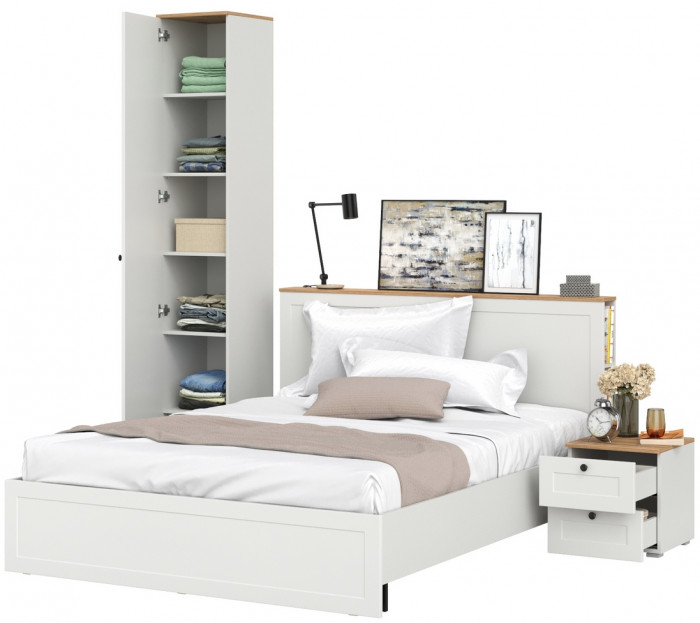 Остин 11.53 Кровать + ортопед + 13.227 Шкаф-пенал + 16.152 Тумба прикроватная, белый шагрень/дуб крафт золотой