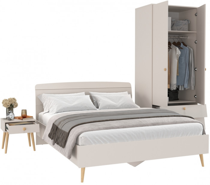 Афина Спальня Кровать 1600 + Шкаф 2-х дверный + Тумба, цвет кашемир серый, 164,6х210,2х95,6 + 90,3х56,3х220 + 45х37х45 см., 1600х2000, б/м, осн. есть