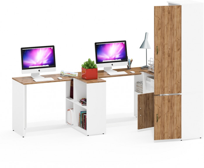 Лидер-8 Стол + Стол + Пенал МД 22Б + Тумба МД 3.19, цвет белый шагрень/крафт золото, ШхГхВ 410х50/37,5х75/190 или 230х160/50х75/190 см., НЕ ун. сб.