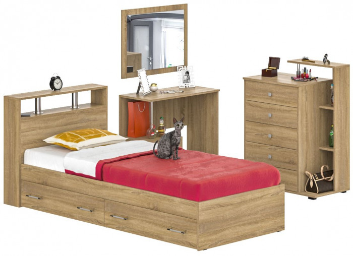 Камелия спальня № 14 Кровать с ящиками 900 + Стол косметический + Зеркало + Комод, дуб сонома