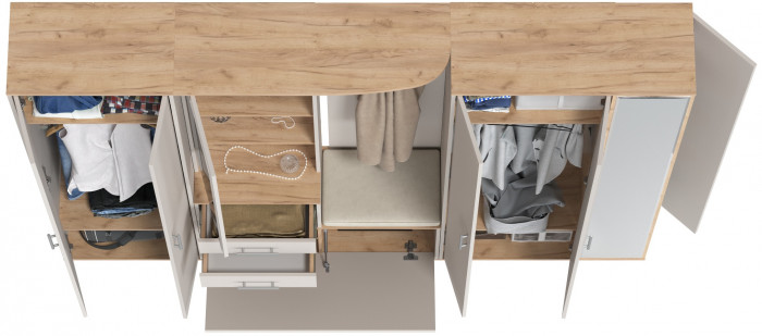 Прихожая Домино 6, цвет дуб крафт золотой/кашемир серый, ШхГхВ 248х36х202 см., универсальная сборка